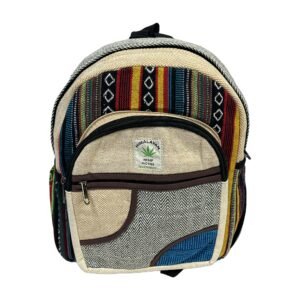 Handcrafted Himalayan Hemp Backpack – Medium – Rainbow Stripes and Blue Curved Pocket