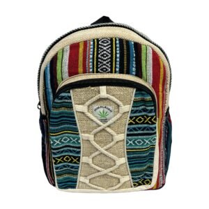 Handcrafted Himalayan Hemp Backpack – Medium – Turquoise Geometric Stripes and Lattice Detail