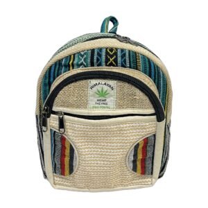 Himalayan Hemp Backpack – Small – Teal Border & Rainbow Curved Patchwork