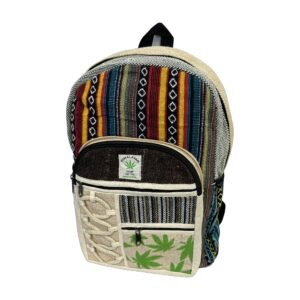 Handcrafted Himalayan Hemp Backpack – Rust Stripes and Leaf Print Pocket
