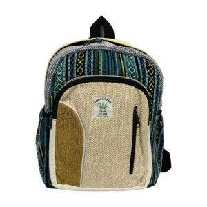 Handcrafted Himalayan Hemp Backpack – Medium – Teal Stripes and Mustard Colorblock Pocket