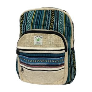 Handcrafted Himalayan Hemp Backpack – Teal Stripes and Horizontal Patchwork Pocket