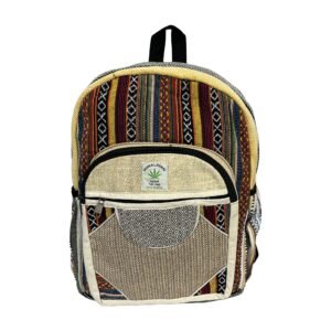 Handcrafted Himalayan Hemp Backpack – Warm Stripes and Gray Patchwork Pocket