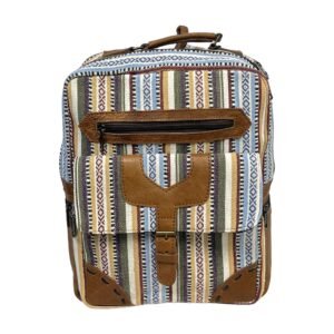 Handcrafted Boho Woven Backpack with Leather Trim – Multicolor Striped