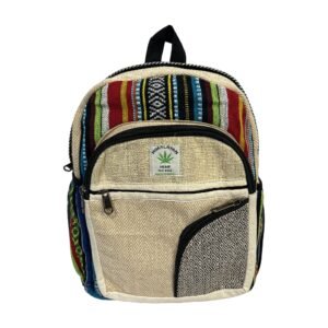 Handcrafted Himalayan Hemp Backpack – Medium – Rainbow Stripes and Curved Gray Panel