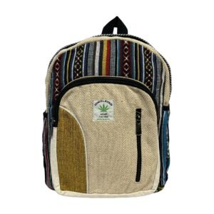 Handcrafted Himalayan Hemp Backpack – Medium – Earth Tone Stripes and Mustard Front Panel