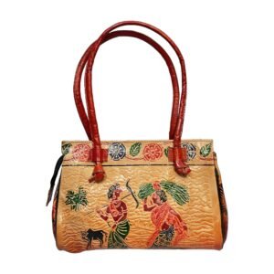 Handcrafted Shantiniketan Leather Handbag with Village Harvest Scene