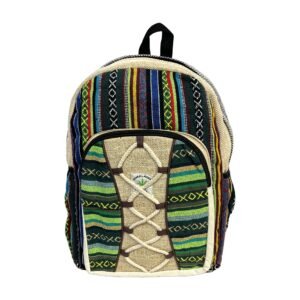 Handcrafted Himalayan Hemp Backpack – Green and Blue Stripes with Crisscross Pocket