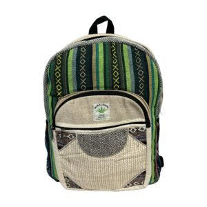 Handcrafted Himalayan Hemp Backpack – Green Stripes and Beige Front Pocket