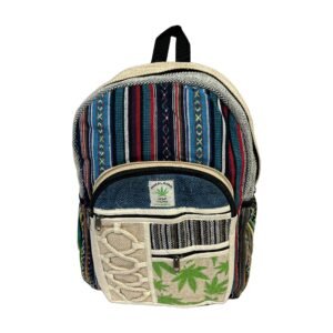 Handcrafted Himalayan Hemp Backpack – Blue and Red Stripes with Leaf Print Pocket