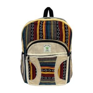 Handcrafted Himalayan Hemp Backpack – Rust Geometric Stripes and Cream Front Pocket