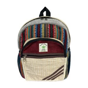 Handcrafted Himalayan Hemp Backpack – Medium – Burgundy Accent and Diagonal Stripes