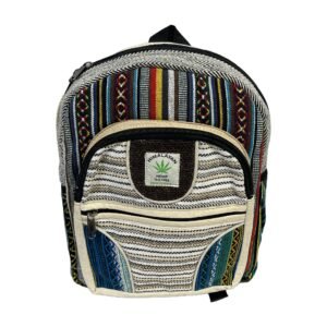 Handcrafted Himalayan Hemp Backpack – Medium – Black Geometric Stripes and Layered Blue Pocket