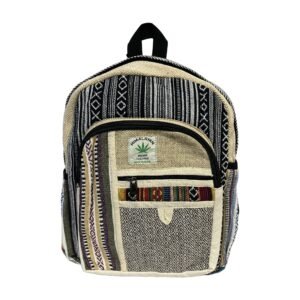 Handcrafted Himalayan Hemp Backpack – Medium – Black Stripes and Patchwork Pocket