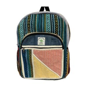 Handcrafted Himalayan Hemp Backpack – Turquoise Stripes and Colorblock Pocket