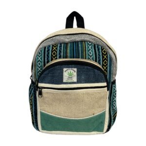 Handcrafted Himalayan Hemp Backpack – Medium – Teal Geometric Stripes and Green Pocket