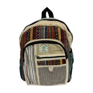 Handcrafted Himalayan Hemp Backpack – Medium – Rainbow Stripes and Patchwork Zip Pocket