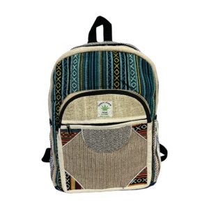Handcrafted Himalayan Hemp Backpack – Teal Stripes and Gray Mesh-Look Pocket