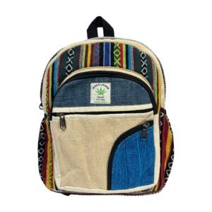 Handcrafted Himalayan Hemp Backpack – Medium – Blue Accent and Curved Colorblock Pocket