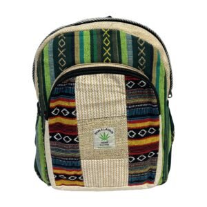 Handcrafted Himalayan Hemp Backpack – Medium – Green Geometric Stripes and Patchwork Panel
