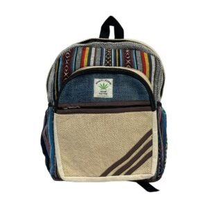 Handcrafted Himalayan Hemp Backpack – Medium – Navy Accent and Diagonal Brown Stripes