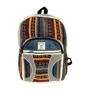 Handcrafted Himalayan Hemp Backpack – Rust Stripes and Geometric Patchwork Pocket