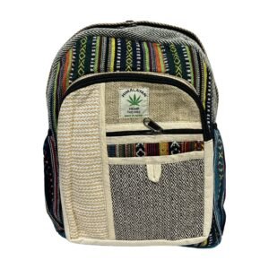 Handcrafted Himalayan Hemp Backpack – Medium – Green Geometric Stripes and Gray Patchwork