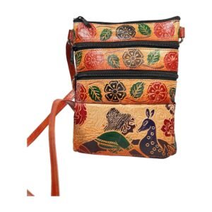 Handcrafted Shantiniketan Leather Shoulder Bag with Red Floral Mandala
