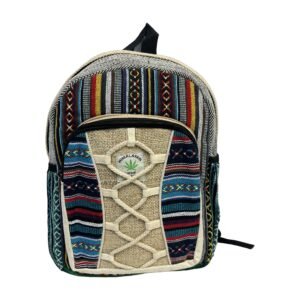 Handcrafted Himalayan Hemp Backpack – Medium – Blue Geometric Stripes and Lattice Pocket