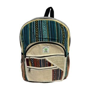 Handcrafted Himalayan Hemp Backpack – Teal Geometric Stripes and Patchwork Pocket