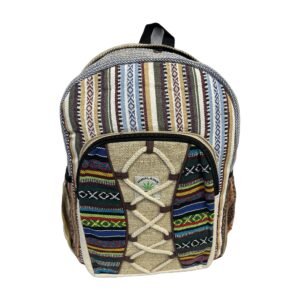 Handcrafted Himalayan Hemp Backpack – Neutral Stripes and Crisscross Pocket