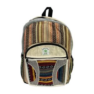 Handcrafted Himalayan Hemp Backpack – Warm Multicolor Stripes and Patchwork Pocket