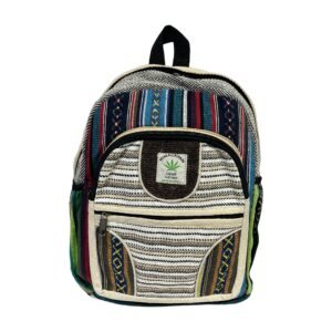 Handcrafted Himalayan Hemp Backpack – Medium – Blue Stripes and Layered Curved Pocket