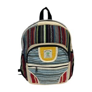 Handcrafted Himalayan Hemp Backpack – Medium – Yellow Trim and Curved Striped Pocket