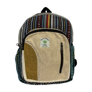 Handcrafted Himalayan Hemp Backpack – Medium – Earth Tone Stripes and Mustard Front Pocket