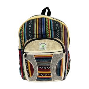 Handcrafted Himalayan Hemp Backpack – Blue Geometric Stripes and Colorblock Pocket