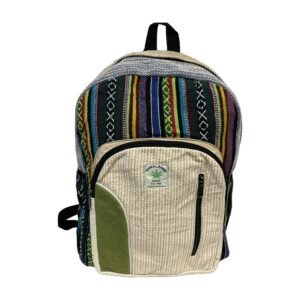 Handcrafted Himalayan Hemp Backpack – Blue and Green Stripes with Olive Pocket
