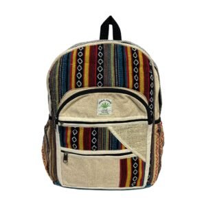 Handcrafted Himalayan Hemp Backpack – Rust Geometric Stripes and Patchwork Pocket