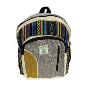 Handcrafted Himalayan Hemp Backpack – Medium – Blue Geometric Stripes and Mustard Patchwork