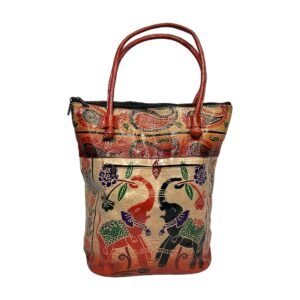Handcrafted Shantiniketan Leather Shoulder Bag with Elephant Folk Art