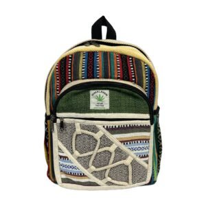 Handcrafted Himalayan Hemp Backpack – Medium – Rainbow Stripes and Crisscross Lattice Pocket