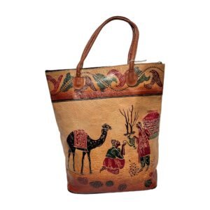 Handcrafted Shantiniketan Leather Shoulder Bag with Camel Village Art