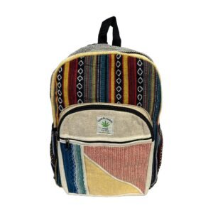Handcrafted Himalayan Hemp Backpack – Blue Stripes and Colorblock Front Pocket