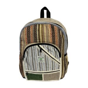 Handcrafted Himalayan Hemp Backpack – Neutral Stripes and Diagonal Patchwork Pocket
