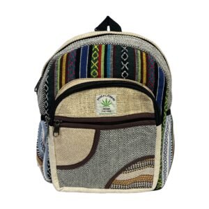 Handcrafted Himalayan Hemp Backpack – Medium – Multicolor Stripes and Curved Gray Pocket