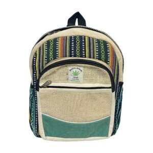 Handcrafted Himalayan Hemp Backpack – Medium – Green Geometric Stripes and Colorblock Pocket