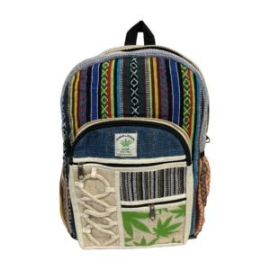 Handcrafted Himalayan Hemp Backpack – Blue Stripes and Leaf Print Pocket
