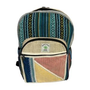 Handcrafted Himalayan Hemp Backpack – Teal Geometric Stripes and Colorblock Pocket