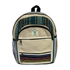 Handcrafted Himalayan Hemp Backpack – Medium – Teal Stripes and Horizontal Rainbow Pocket