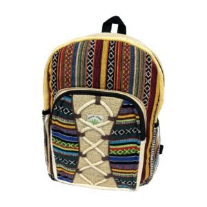 Handcrafted Himalayan Hemp Backpack – Rust Geometric Stripes with Crisscross Lacing